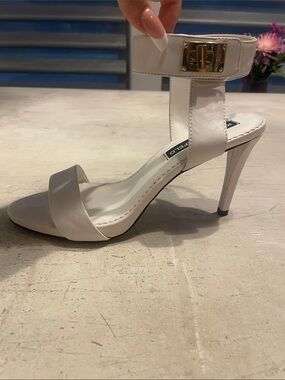 Karl Lagerfeld White Ankle-Strap Stiletto Sandals